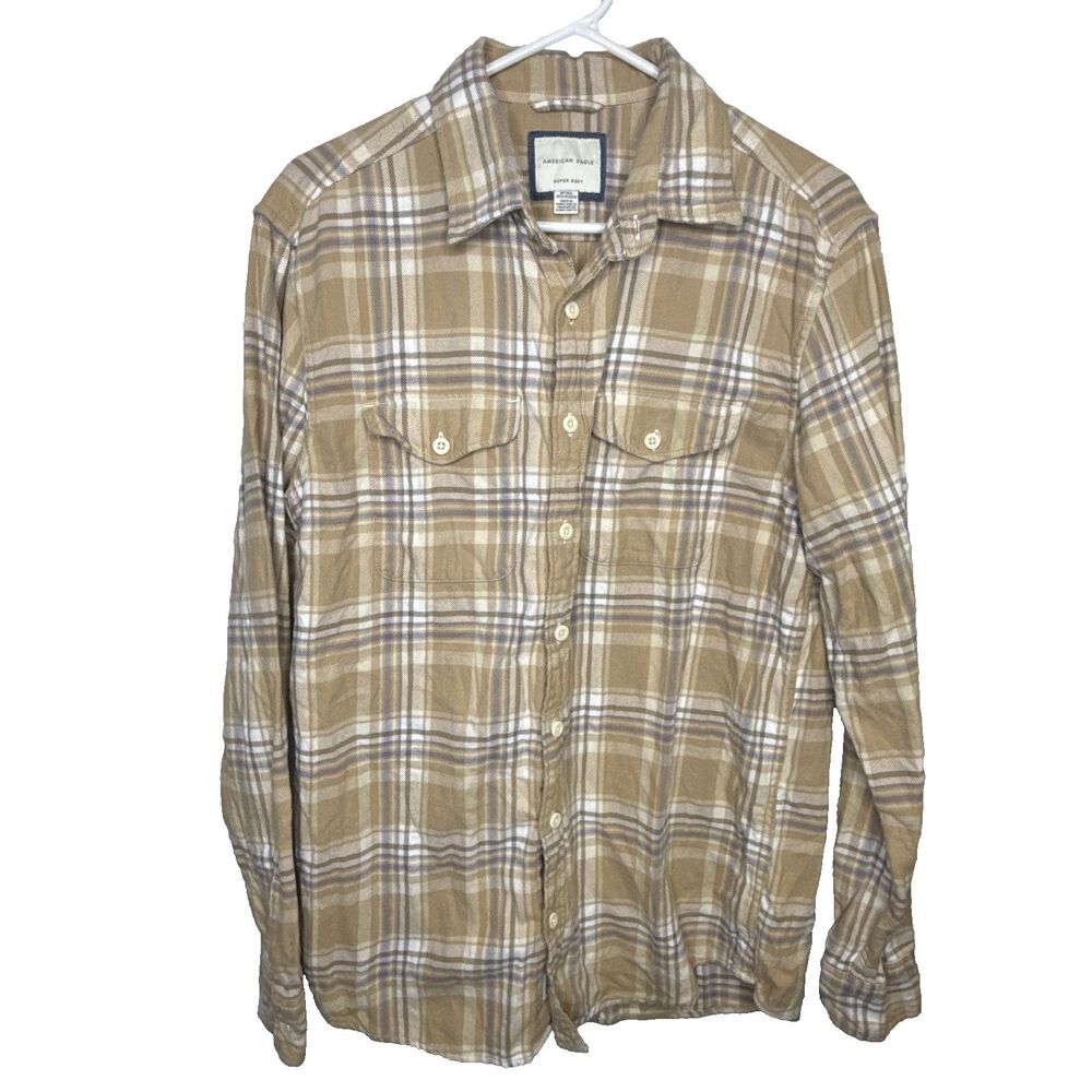 American Eagle Womens M Tall Super Soft Boyfriend Plaid Flannel Shirt Beige Tan